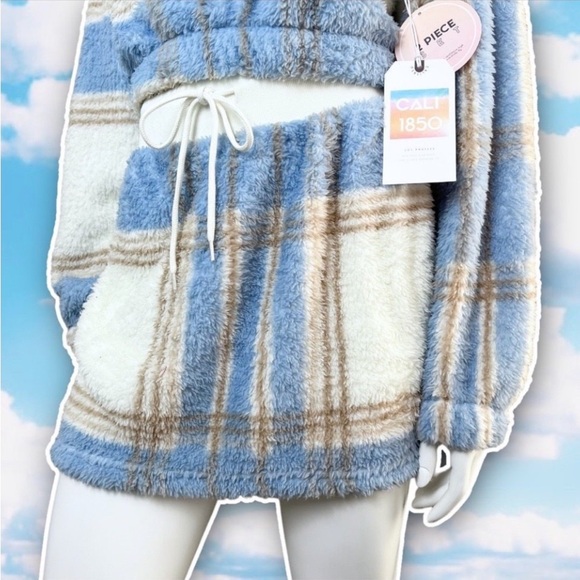 NWT CALI 1850 2 Piece Sherpa Plaid Fleece Matching Set Cropped Hoodie Mini Skirt - Picture 4 of 11